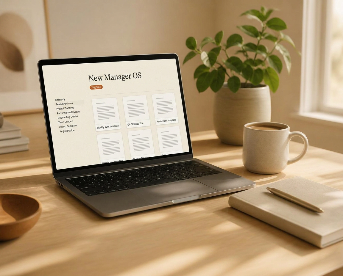 A laptop on a wooden desk showing the Helpino New Manager OS template library